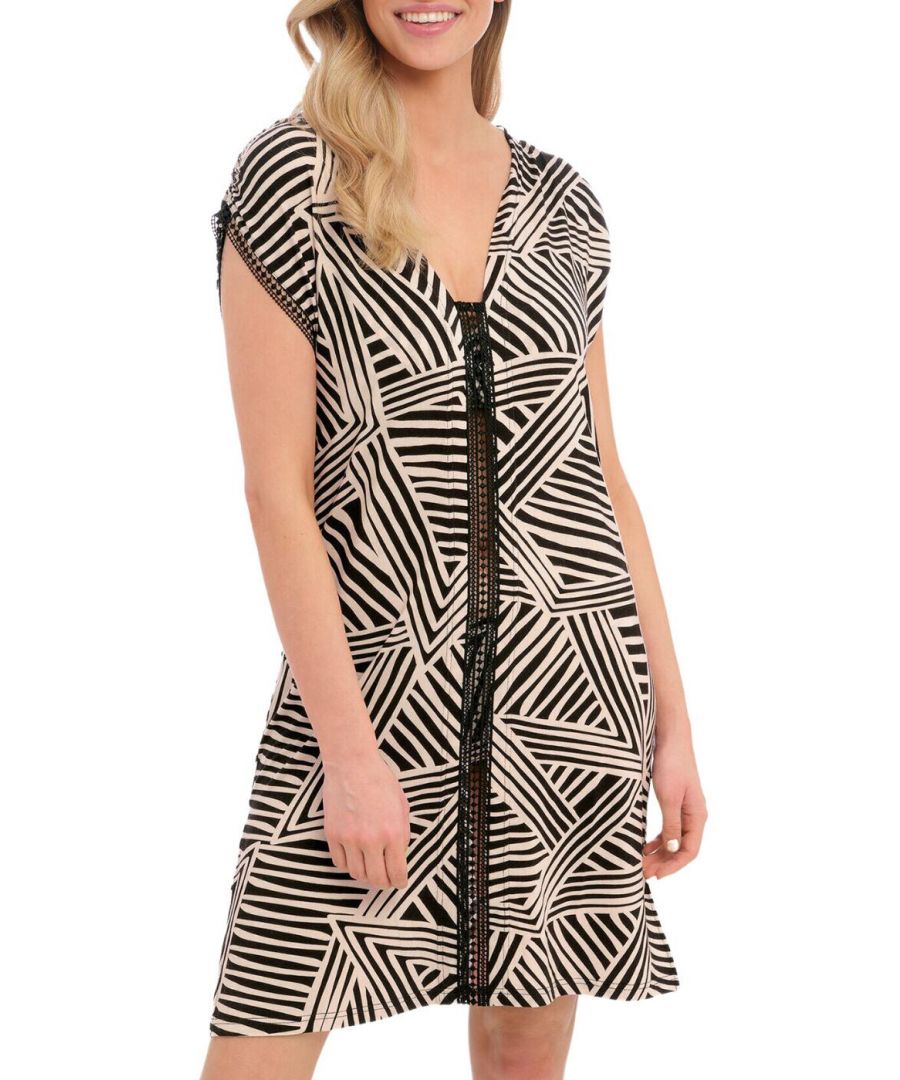 Looking for a stylish and comfortable cover-up that will flatter your figure? Look no further than the Fantasie La Chiva tunic! This gorgeous mid-length style is perfect for those hot days at the beach. Featuring a V-shape neckline both in the front and back, as well as tie and bead detail, this tunic is sure to turn heads. It is made with lightweight soft stretch jersey fabric, providing comfort from sun up to sun down. The cap sleeve detail and elegant side splits ensure ease of movement all day long. Whether you're lounging by the pool or enjoying a day out on the lake, this Fantasie La Chiva tunic has you covered!\n\nKnee length design\nV-neck for a feminine flair\nCap sleeves\nLightweight and airy material\nCountry of origin: China\nComposition: 94% Viscose | 6% Elastane\nListed in UK sizes