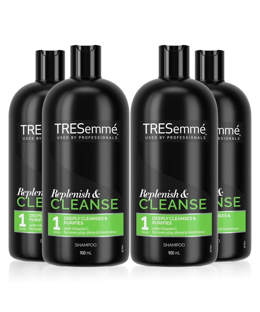 Tresemme Deep Cleansing Shampoo, infused with multivitamins, gently cleanses away build-up and impurities that can weigh the hair down and diminish its natural shine. Gentle enough for daily use, so you can reveal fresh, clean, purified hair every day. \nTresemme Deep Cleansing Shampoo is a classic shampoo that refreshes hair for added body and shines and contains a clarifying formula for removing build-up and impurities. Clarifying shampoo gently removes build-up and heavy residue that diminishes hair's shine for that just-left-the-salon feel.\n\nFeatures:\n\nTresemme Cleanse and Replenish Deep Cleansing Shampoo gently remove build-up that diminishes hair shine.\nWashes hair of the residue from waxes, pomades, creams, sprays, and more.\nFormula enriched with vitamin C.\nGentle enough for daily use.\nCoat hair with a liberal amount of clarifying shampoo and gently massage the scalp and roots with your fingertips to work into a lather.\nLightly squeeze the shampoo from roots to ends and rinse thoroughly, finish with Tresemme Cleanse and Replenish Remoisturize Conditioner.\n\nHow to USE: \n\nApply to wet hair from roots to ends.\nWork into a lather and gently massage the scalp.\nRinse thoroughly.\nFollow with TRESemmé Remoisturize Conditioner.\nStyle with your favourite TRESemmé products.\nIn case of contact with eyes, rinse thoroughly with water\n\nIngredients: Aqua, Sodium Laureth Sulfate, Cocamidopropyl Betaine, Sodium Chloride, Parfum, Sodium Benzoate, Citric Acid, Polyquaternium-10, Disodium EDTA, PPG-9, Sodium Hydroxide, Panthenol, Ascorbic Acid, Tocopheryl Acetate, Citrus Tangerina Peel Oil, Niacinamide, Biotin, Hexyl Cinnamal, Limonene, Linalool, CI 61570.\n\nPackage Includes: 4x Tresemme Multi-Vitamin Deep Cleansing Shampoo, 900ml