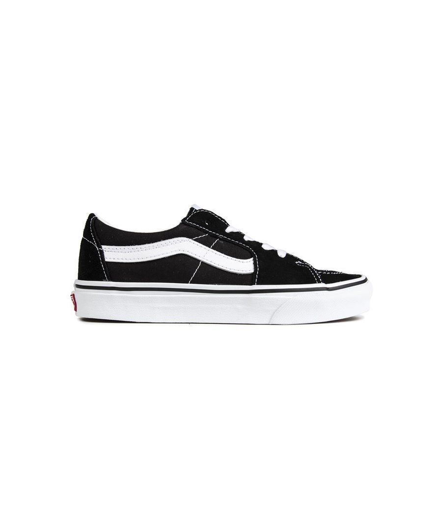 The Kids' Sk8-low Trainers From Vans Are The Epitome Of Old School Skate Style, With Black Suede Uppers, A Vulcanised White Sole And The Legendary White Vans Stripe To The Side. These Kicks Feature Brushed Metal Tonal Eyelets And Signature Branding For A Cool Look. They Are Finished With A Cushioned Ankle Collar For Added Comfort And Rubber Sole For A Good Grip.