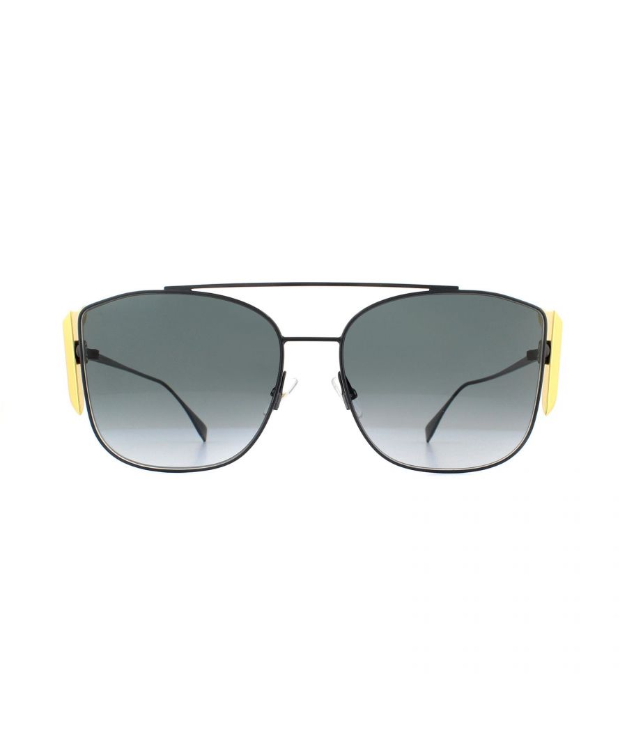 Fendi Sunglasses FF 0380/G/S 807 9O Black Gold Dark Grey are a contemporary square shape aviator inspired by decoration used in fashion jewellery. The slim metal frame boasts a double bridge and a large statement F at both temples and a triangular Swarovski crystal embellishes the temple tip.