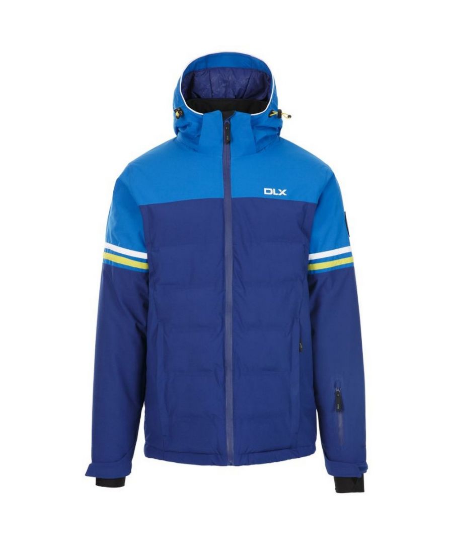 Outer Materials: 100% Polyester PU Coating. Filling Material: 100% Polyester. Filling: Down-Touch. Lining: Polyamide, Polyester. Fabric: Stretch, Woven. Design: Colour Block. Articulated Elbow, Detachable Snowskirt, Quilted Panel, RECCO Avalanche Rescue System, Taped Seams, Ventilation Zips. Fabric Technology: Breathable, DLX, Waterproof, Windproof. Neckline: Hooded. Cuff: Inner Stretch. Sleeve-Type: Long-Sleeved. Hood Features: Adjustable, Zip-Off. Pockets: 2 Lower Pockets, Zip, Internal Media Port, Goggle Pocket, 1 Sleeve Pocket, Ski Pass Pocket. Fastening: Full Zip, Water Repellent Zip. Waterproof Rating: 20000mm. 10000g/m²/24hrs. Hem: Adjustable, Drawcord.