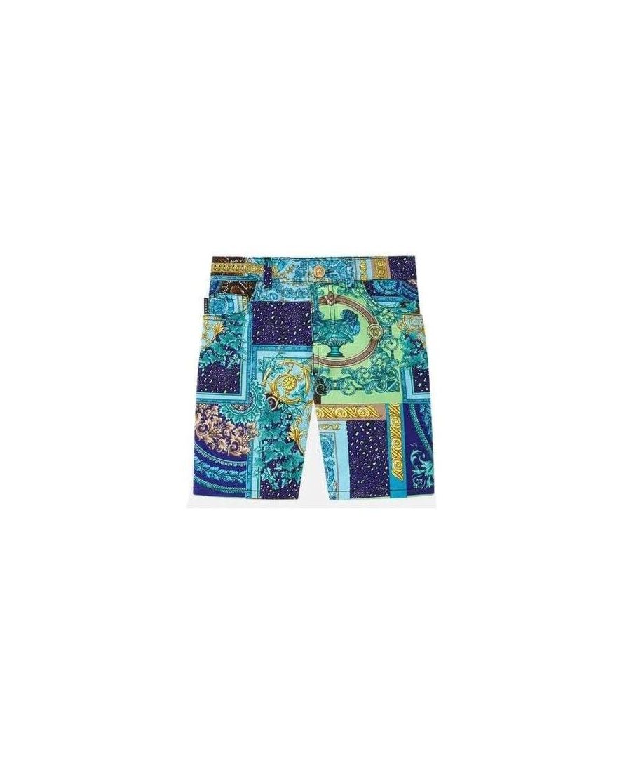 These Versace shorts are crafted from cotton and elastane. They consist of 5 pockets, a colourful mosaic heritage design, Versace branded button closure and a playful style.