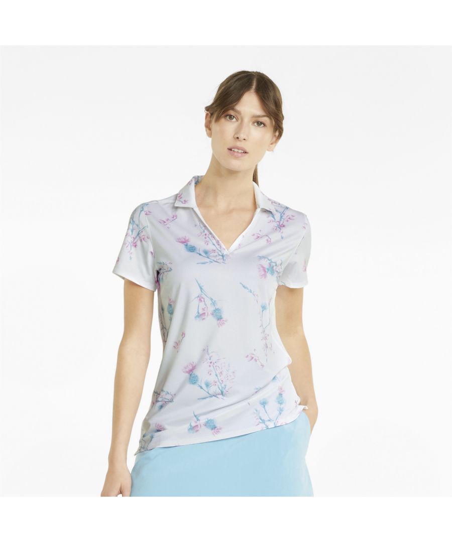 PRODUCT STORY This striking twist on the golf polo shirt puts florals front and centre, featuring a beautiful plant-inspired pattern incorporating the Scottish thistle. The  V-neck adds a fashionable touch for a look that's as fresh as it feels. FEATURES & BENEFITS dryCELL: Performance technology designed to wick moisture from the body and keep you free of sweat during exerciseRecycled Content: Made with at least 20% recycled material as a step toward a better future DETAILS V-neck cut-out with polo collarAll-over floral printPUMA Cat Logo at left hem