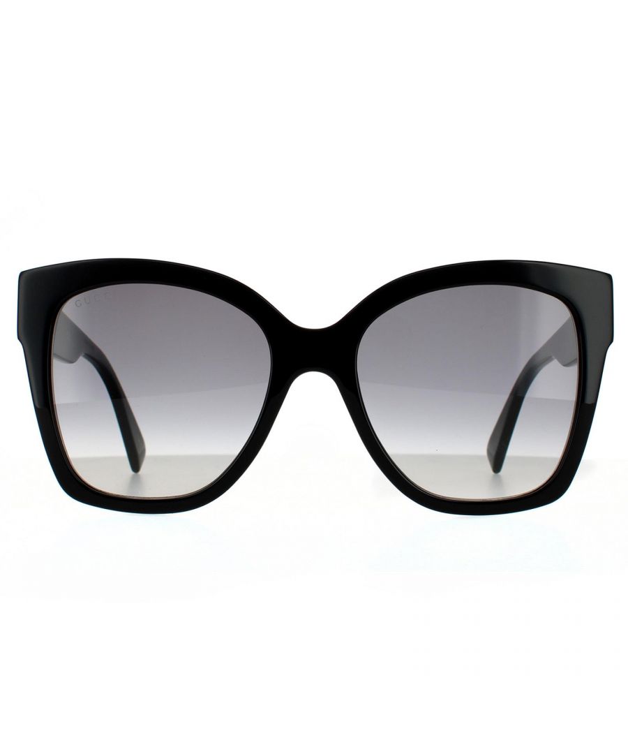 Gucci Square Womens Black Grey Gradient  Sunglasses Gucci are a feminine, oversized cat-eye style. They have a retro aesthetic and are made fully from glossy acetate. Signed off with the Gucci text logo and signature Gucci colors at the hinges.