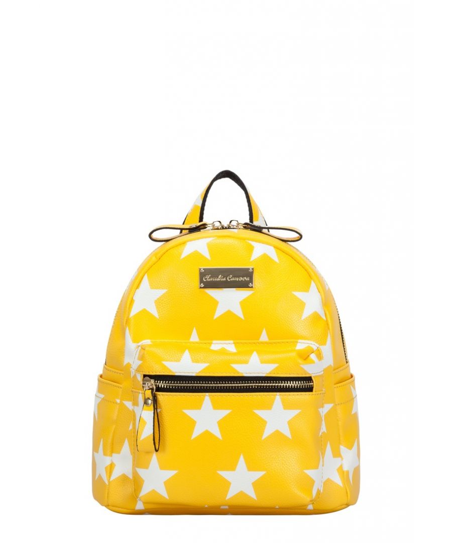 Reach for the stars with the Starlight Backpack. A simple but stunning star print pattern covers the outside of the bag, making it a staple accessory of the season. Inside reveals the Claudia Canova branded fuchsia lining, with smaller zip / slip pockets for extra secure storage. The gold metal hardware finishes the design, giving it an all round glam look. Features: , Textured PU, Claudia Canova gold plate logo, Zip round opening, Chunky zip pulls, Front zip pocket, Gold metal hardware, Claudia Canova branded lining, Inner slip and zip pockets Style Ref: 82257 YELLOW