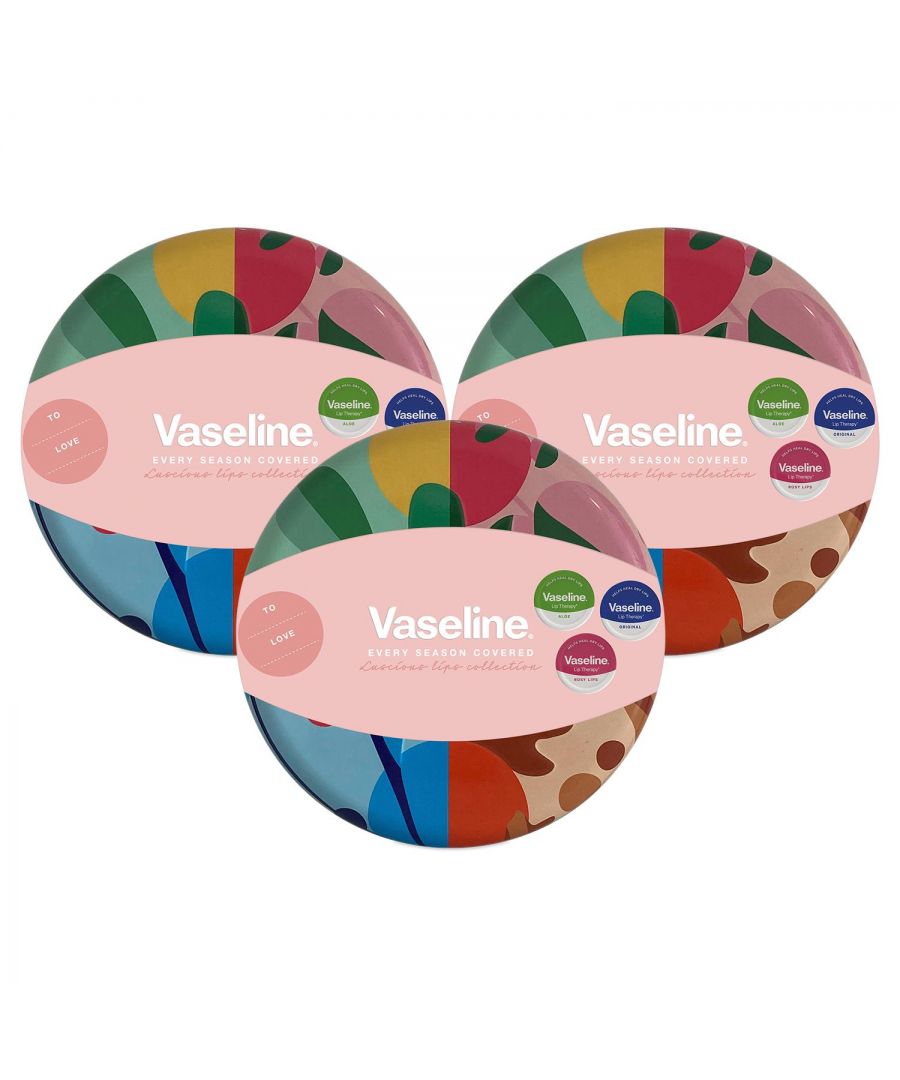 Vaseline Lip Balm 3pcs Gift Set Luscious Lips Collection Aloe Original Rosy, 3pk \n\nVaseline Luscious lips collection is put together with three Lip Therapy lip balms, made for lips that deserve the best care, all nestled inside a beautifully crafted, seasonal Vaseline tin. It includes our Original Lip Balm 20 g, an Aloe-Vera Lip Balm 20 g, The last one in the trio is Vaseline Lip Therapy Rosy Lips 20 g, Give the gift of luscious, moisturised and healthy lips all year round with Vaseline. \n\nOriginal: a firm favourite that relieves lips and locks in the moisture they need to keep feeling and looking healthy. \n\nFeatures: \n\nInstantly softens and soothes dry lips \nLocks in moisture to help lips recover from discomfort \nMade with triple-purified Vaseline Petroleum Jelly \nBest for chapped lips, dry skin \n\nAloe Vera: Aloe-Vera Lip Therapy instantly softens and soothes dry lips, delighting her senses with a fresh aloe scent. \n\nFeatures: \n\nMade with triple-purified Vaseline petroleum jelly \nContains aloe, known to calm and soothe dry irritated skin \nMoisture to help lips recover from discomfort \nInstantly softens and soothes dry lips \nLocks in moisture to help lips recover from discomfort \n\nRosy Lips: Vaseline rosy lips made with sweet almond and rose oils for glossy lips with natural shine and a refreshing floral scent. \n\nFeatures: \n\nHelps soothe and heal dry lips by locking in moisture \nMade with Vaseline Jelly and designed to protect the skin on your lips \nProvides the long-lasting moisturization your lips need \nAdds a sheer pink tint to your lips and leaves behind a light rosy fragrance \nNon-sticky and non-greasy formula, suitable for regular use \n\nEach Gift Set Includes: \n1x Vaseline Lip Therapy Original, 20g \n1x Vaseline Lip Therapy Aloe-Vera, 20g \n1x Vaseline Lip Therapy Rosy Lips, 20g