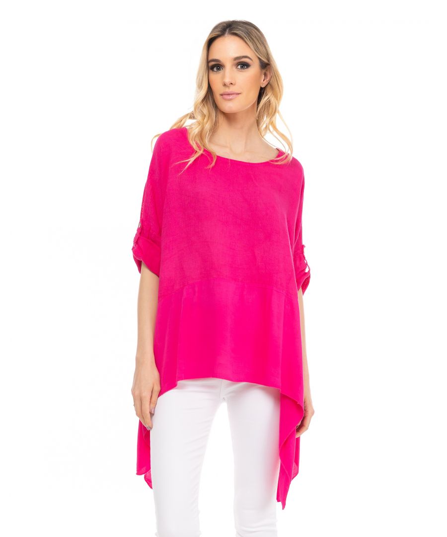 Oversize linen top with side peaks and adjustable sleeves
