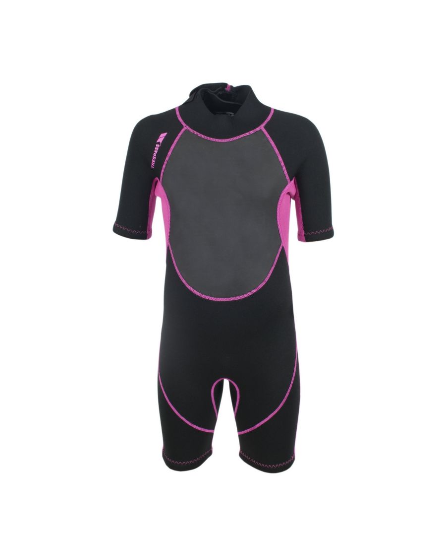 Girls short 3mm wetsuit. Mesh chest panels. Flat lock seams. Trespass print on chest and sleeve. 7mm zipper. Branded trespass zipper tape. 100% Neoprene laminated with double Nylon.