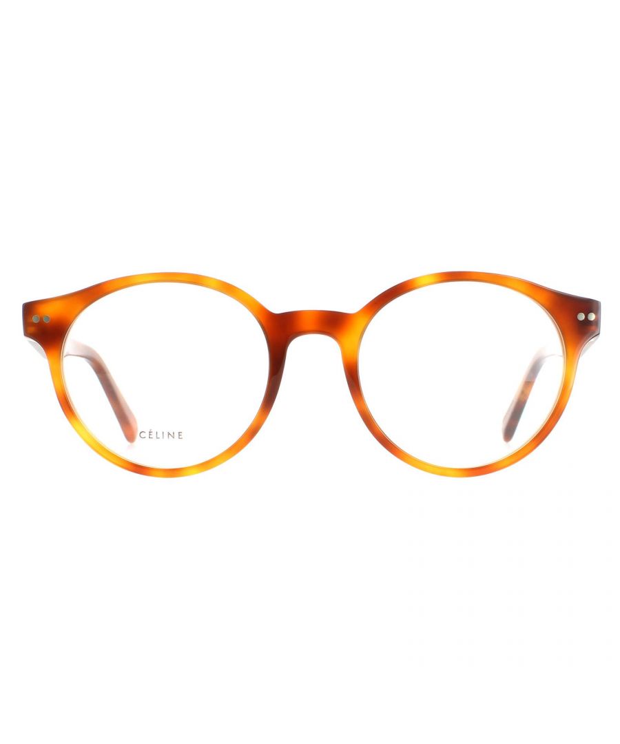 Celine Round Womens Light Havana CL50008I  Glasses are a retro round shape glasses featuring corner flicks and are crafted from light and comfortable acetate plastic. Frame front and temples feature metal bead detailing and CELINE logo.