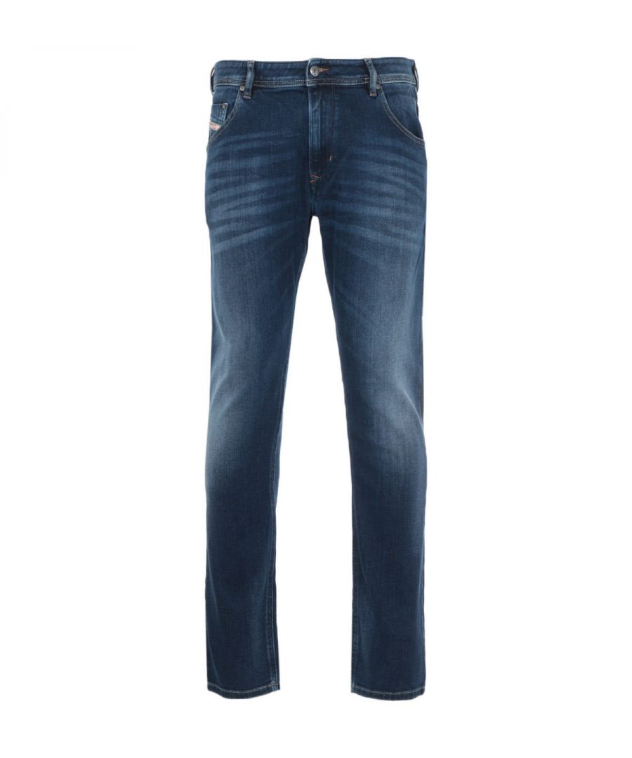 Mens Diesel Krayver Tapered Jeans in denim.- 5-pocket construction. - Zip fly and button fastening.- Branded patch at rear waist.- Branded logo stripe to the front pocket.- Stretch cotton blend.- Slim fit.- 97% Cotton  2% Elastomultiestere  1% Elastane.- Ref: 00S5A4R86L001