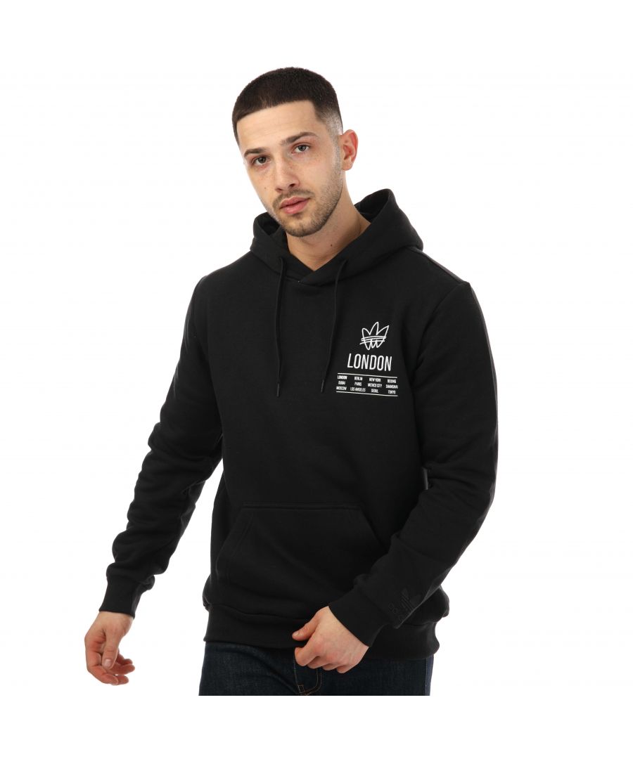 Mens adidas Originals London Premium City Hoody in black.- Lined drawcord hood.- Pouch pocket.- Ribbed cuffs and hem.- Regular fit.- Main Material: 70% Cotton  30% Polyestert (Recycled).- Ref: HT1738