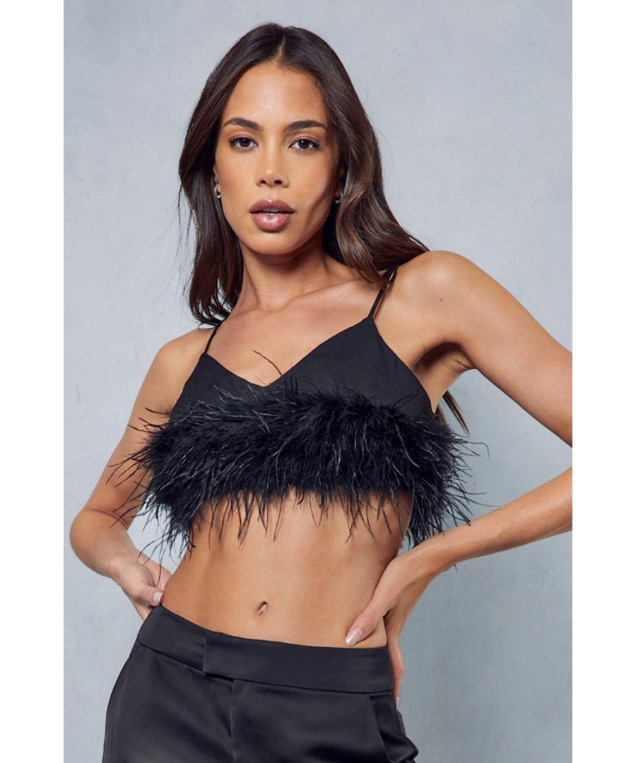 MissPap Womens Premium Strappy Feather Crop Top - Black - Size 14 UK