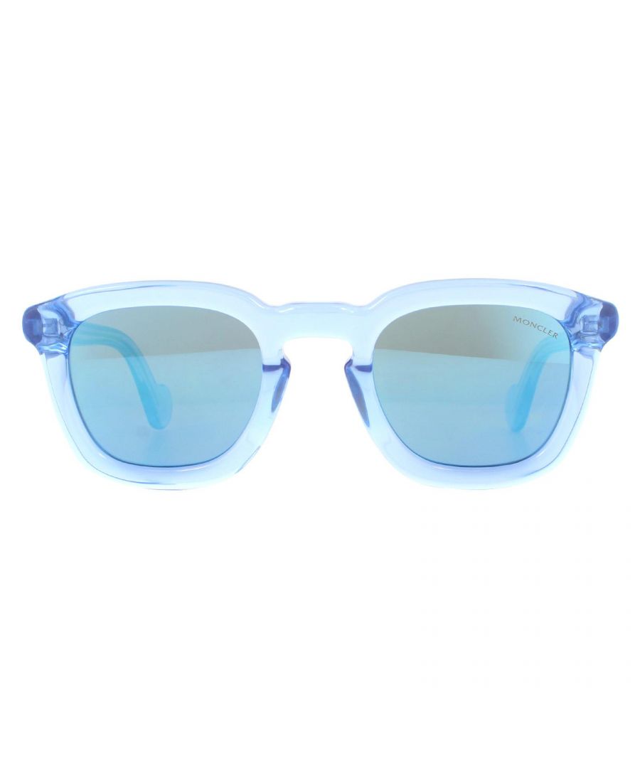 Moncler Sunglasses ML0006 84L Shiny Azure Transparent Blue Mirror are a retro design square style with a keyhole bridge. The Moncler logo is presented on the temples and etched into one lens. Make a bold statement with these thick framed sunglasses!