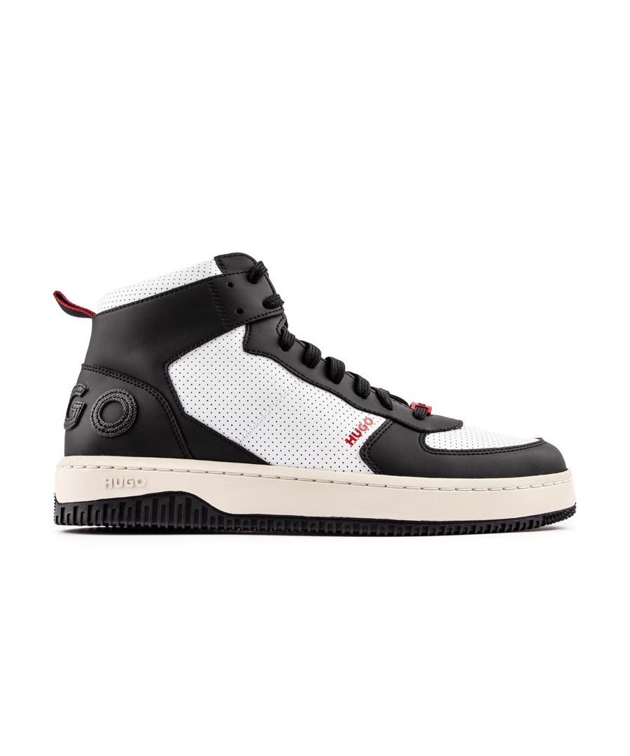 Introducing The Hi-top Boss Trainer Kilian Hito With Its Retro Baseball Character. The Designer Trainer Combines Comfort, Design And Simplicity. A Modern Take On A Traditional Hi-top Trainer Featuring A Black And White Leather Upper, Red Branding And A Pop Of Red.