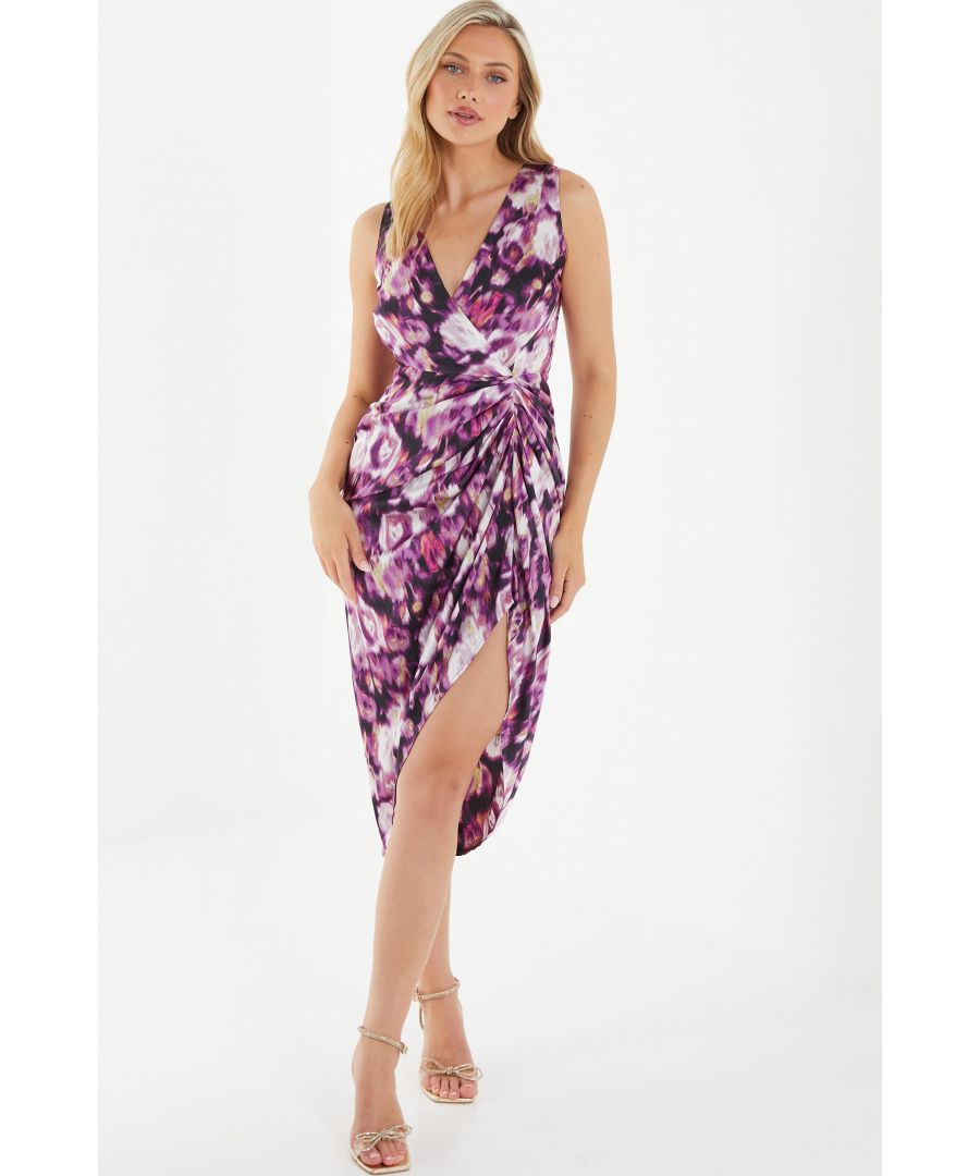 Quiz Womens Purple Floral Print Ruched Midi Dress Satin - Size 8 UK