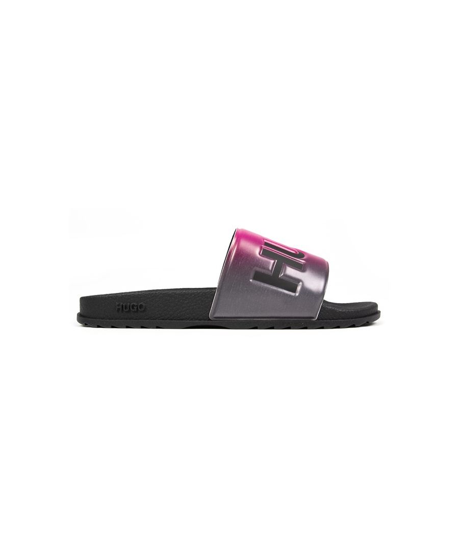 Women's Black Hugo Slip-on Sandals With Oversized Logo On Pink And Grey Iridescent, Synthetic Strap. These Ladies' Sliders Have A Padded Insole, Subtle Branding On The Heel, And A Moulded Rubber Sole.