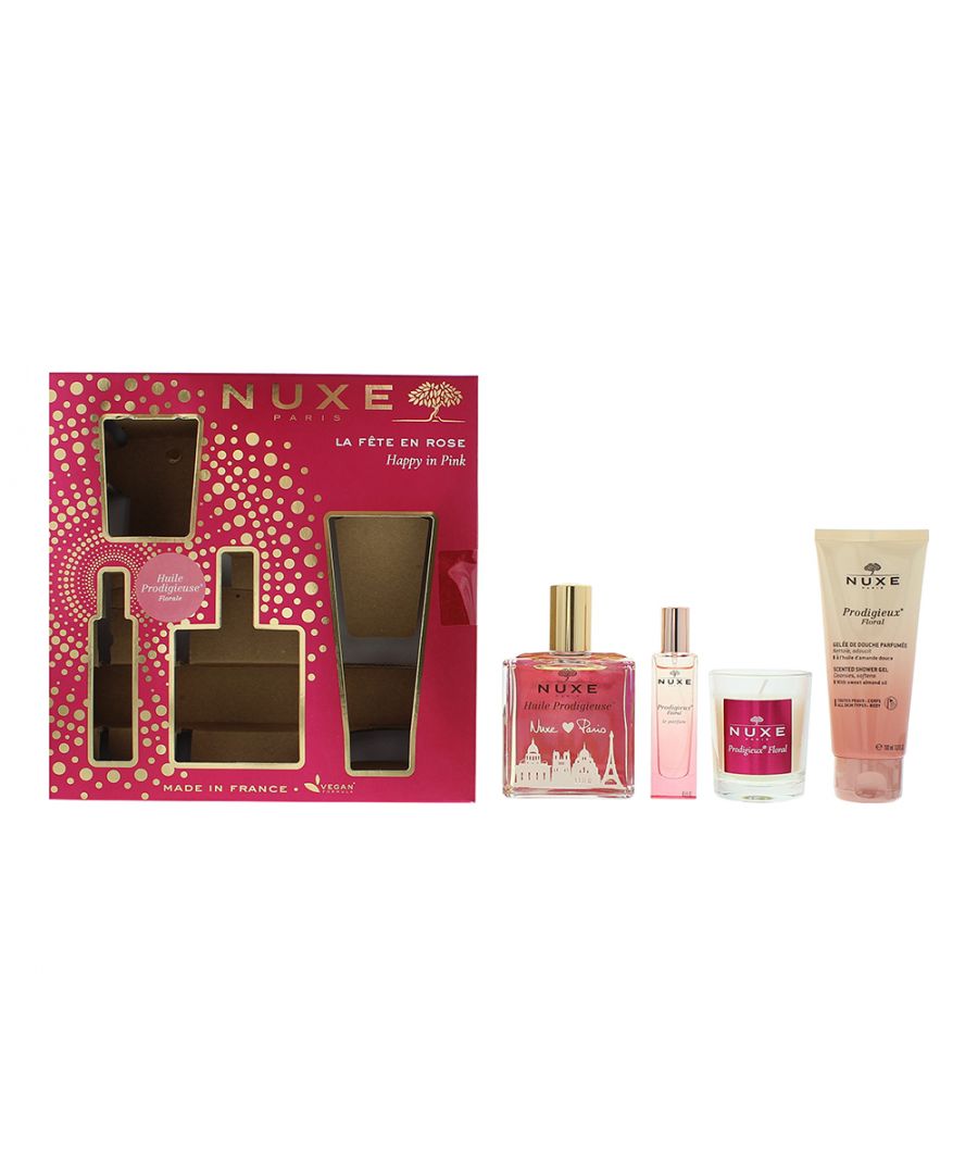 Nuxe Happy In Pink 4 Piece Gift Set will captivate you with the floral and uplifting notes of Huile Prodigieuse scents. This set contains  Huile Prodigieuse Florale 100 ml, Prodigieux Floral Le Parfum 15 ml, Prodigieux Floral Scented Shower Gel 100 ml and a Prodigieux Florale Indoor Candle 70 g