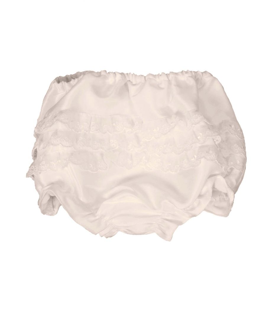 Who doesn't just love a cute pair of frilly knickers for their little one to cover the all important nappy.\nOur style Antique White/Ivory XENA are made using our Mock Silk fabric to match our dresses. It's took us a long time to source this quality that even people in the industry mistake it for real silk!\nThe knickers are are lined in 100% lightweight cotton which is better against babies skin and good for any girl with sensitive skin.\nThey arrive with you in an organza gift bag so you can keep them and the delicate lace protected for future use. White knickers can be used again and again under all their party dresses.\nOuter - 100% polyester\nLining - 100% cotton\nDry Clean or Hand Wash