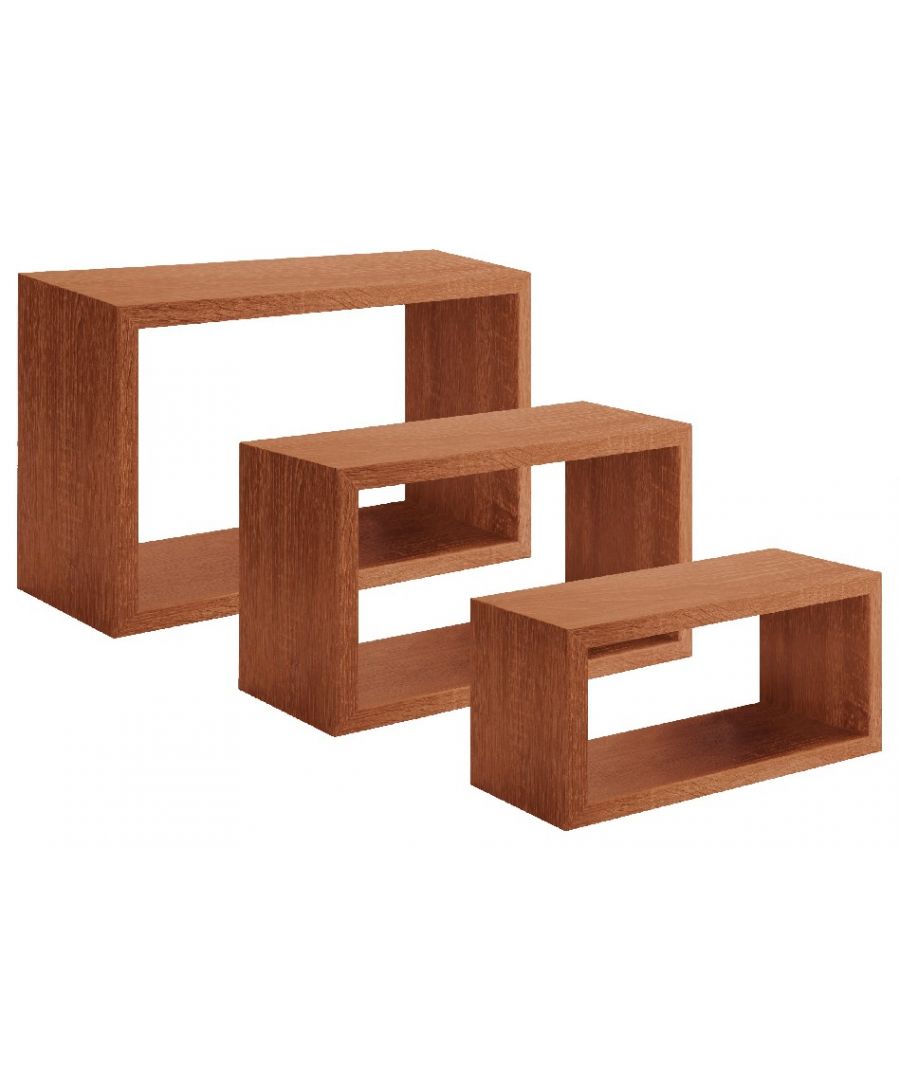 This shelf, modern and functional, is the perfect solution to keep your books and objects in order, furnishing your home in an original way. Thanks to its design is ideal for the living area, the sleeping area of the house and the office. Easy to clean and easy to assemble. Color: Cherry | Product Dimensions: W45xD27xH15,5, W40xD22xH15,5, W35xD17xH15,5 cm | Material: MDF | Product Weight: 6,6 Kg | Packaging Weight: 7 Kg | Packaging Dimensions: W48,5xD30,5xH19,5 cm
