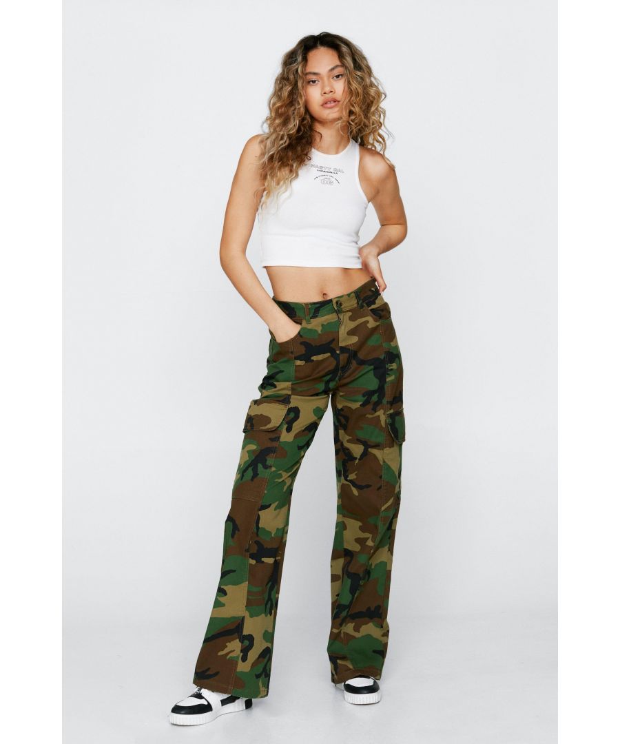 NastyGal Womens Camo Print Multi Pocket Cargo Trousers - Green Cotton - Size 4 Regular (UK Womens)