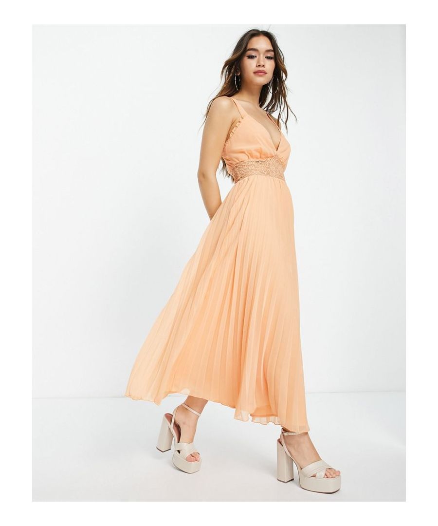 Midi dress by ASOS DESIGN Thanks, it's ASOS V-neck Sleeveless style Crossover back Lace insert Pleated skirt Regular fit  Sold By: Asos