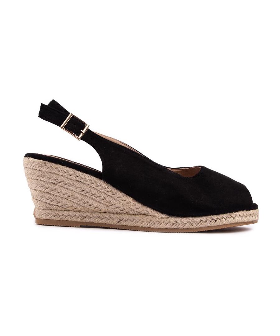 Polish Off Your Summer Style With This Comfy Wedge Sandal-meets-pump From Solesister. The Espadrille Jute Wedge Heel Is Paired With A Black Upper Showcasing An Adjustable Ankle Strap, Peep Toe And A Wider Fit. The Perfect Addition To Your Warmer Weather Looks.