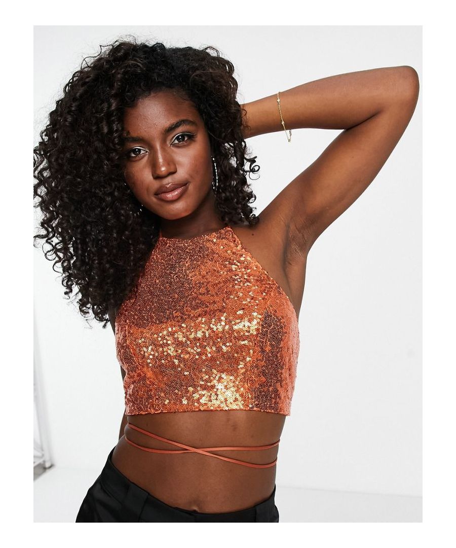 Top by Miss Selfridge Doing it for the glam High neck Halterneck style Tie back Cropped length Slim fit Sold by Asos