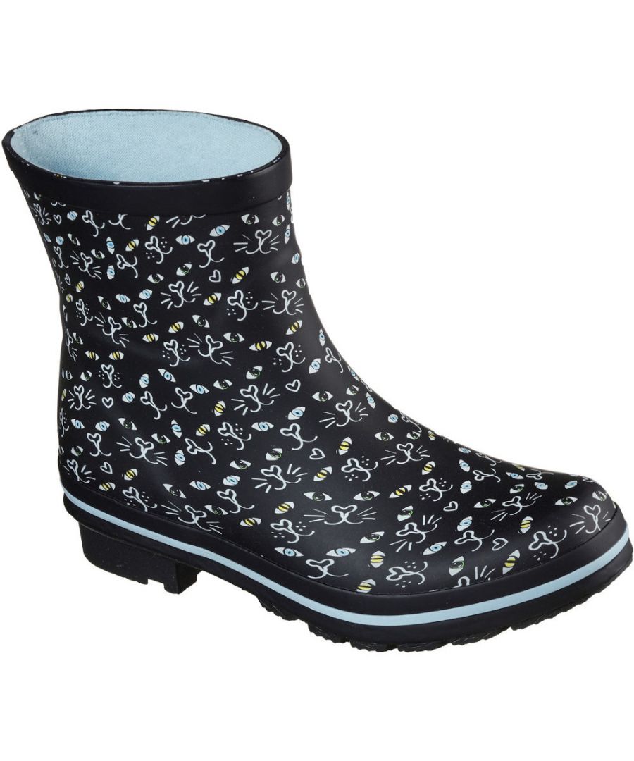 Keep your whiskers dry in rainy weather and look adorable in the SKECHERS BOBS for Cats BOBS Rain Check - Misty Eye boot. Soft flexible rubber upper with artistic cat-face 'Picatso' print in a slip on waterproof low mid calf height rain boot.\n- Soft smooth flexible rubber upper- All over two-color artistic 'Picatso' cat face print design- Multiple colorful details and breeds for added fun- Slip on casual low mid calf height rain boot design- Sculpted detailing- Solid color mudguard, back panel and collar trim with color stripe- Low mid calf height shaft for easier slip on fit- Seam sealed waterproof design for rainy day wear- BOBS for Paws bone shaped logo detail on side panel- Soft fabric shoe lining