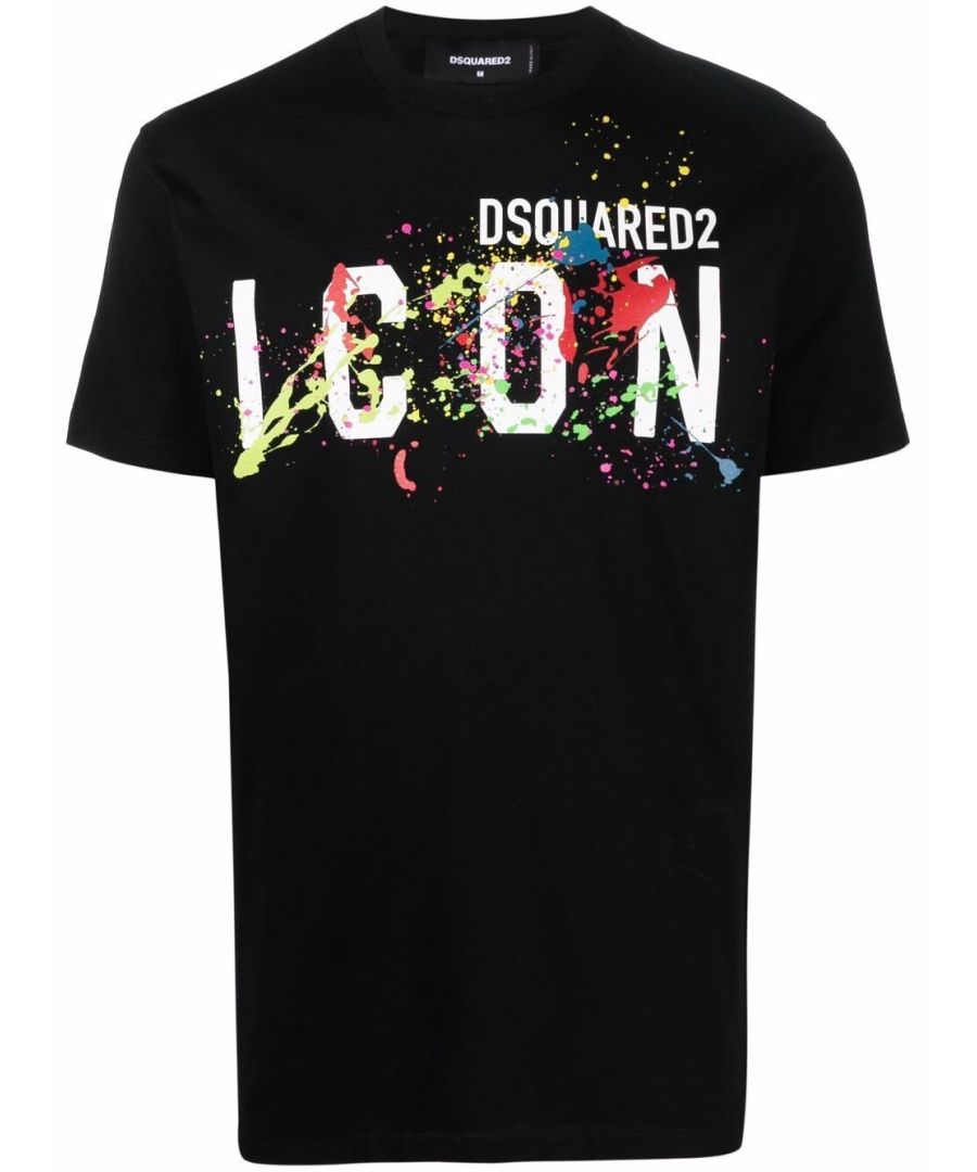 Elevate your collection with this Icon Splat T Shirt from Dsquared2. Crafted from 100% cotton, this t shirt is cut in a regular fit and features short sleeves, a ribbed crew neckline, a straight hemline and elasticated trims for a comfortable wear. Decorated in a solid colouring throughout, the look is complete with the brand's iconic logo surrounded by splat detailing for an edgy finish. Follow care instructions.