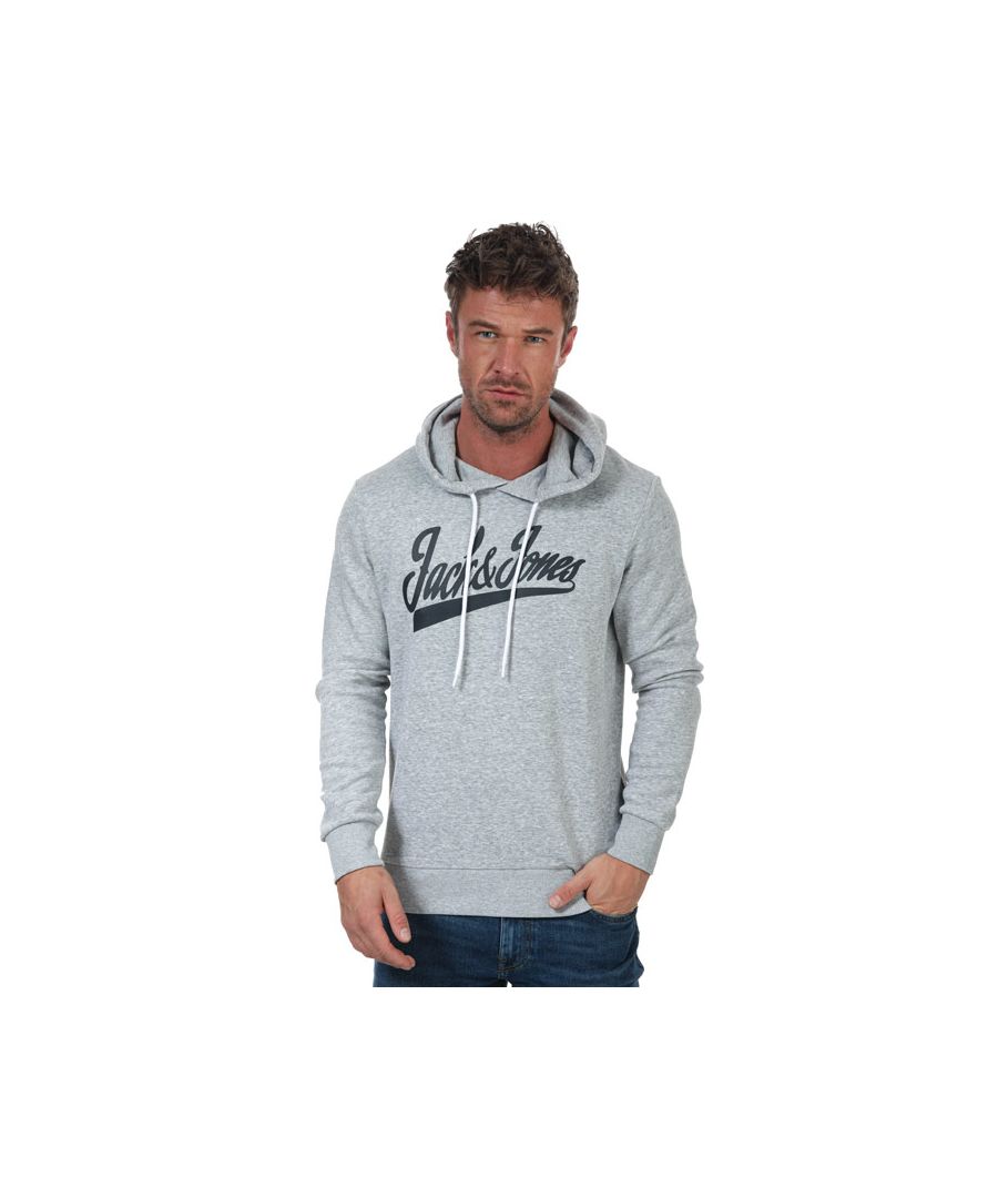 Mens Jack Jones Anything Hoody in light grey.- Adjustable drawstring hood.- Long sleeves.- Ribbed cuffs and hem. - Large contrast chest branding.- 67% Cotton  30% Polyester  3% Viscose.  Machine washable. - Ref: 12171995