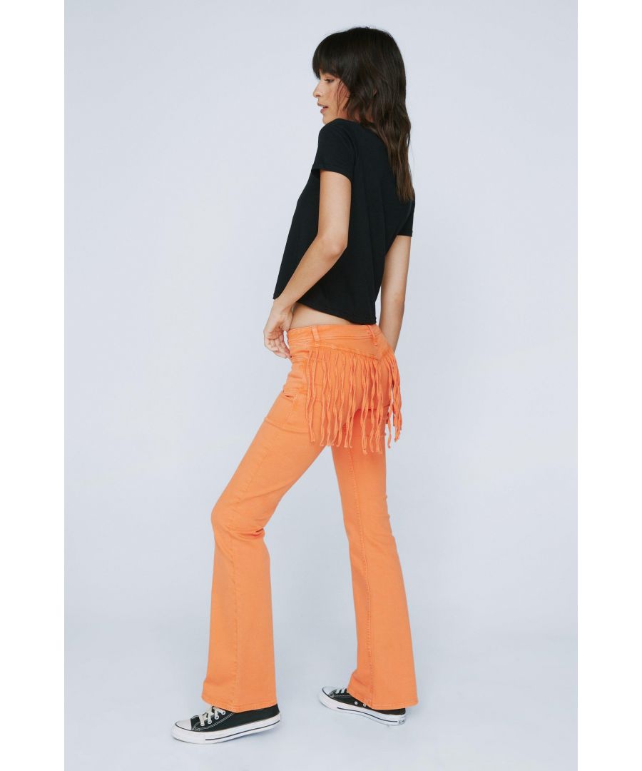 NastyGal Womens Low Rise Fringed Denim Flares - Orange Cotton - Size 6 Regular