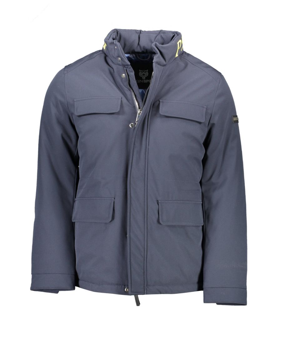 Long-sleeved jacket, concealed hood, 4 external pockets, 1 internal pocket, buttons and zip, contrasting details, print, logo