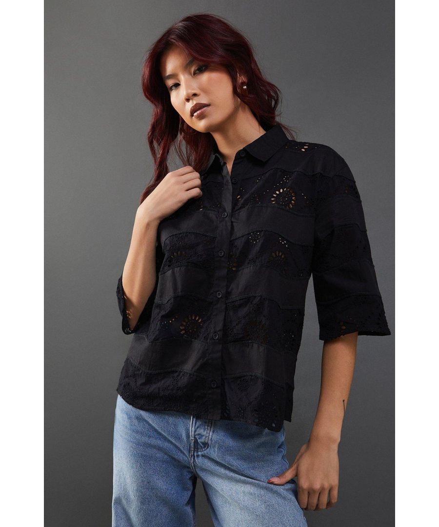 Warehouse Womens Lace Mix Scallop Hem Crop Shirt - Black Cotton - Size 16 UK