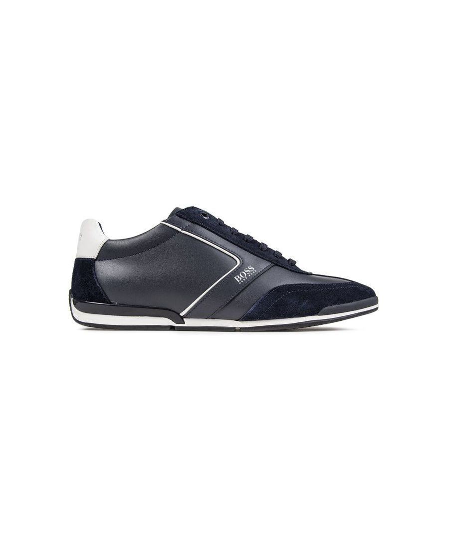 Men's Navy Boss Saturn Lowp Lace-up Trainers With Low Profile, Leather Upper With Suede Panels, Padded Tongue, And Cuff, With Signature Boss Branding And White Heel Pad And Accents. Designed With Engraved Top Metal Eyelet, A Reinforced Heel And Moulded Footed, Durable Rubber Sole And Textured Grip Tread Gives This Practical Sneaker A Luxurious Look.