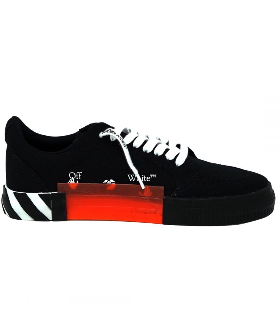 Off White Low Vulcanized Black Sneakers. Make a statement with the Off-White Low Vulc Black Sneakers. These sleek and stylish sneakers feature a classic vulcanized low top design and are crafted with high quality materials for ultimate comfort. The perfect finishing touch for any casual outfit.. Signature Diag Striped Sole, Branded laces, Off White Black Trainers. Lace Fasten, Signature Cross Logo, Cable Tie Tag. Canvas Trainers, Black And Orange Trainer. Style: OMIA085S22FAB001 1020