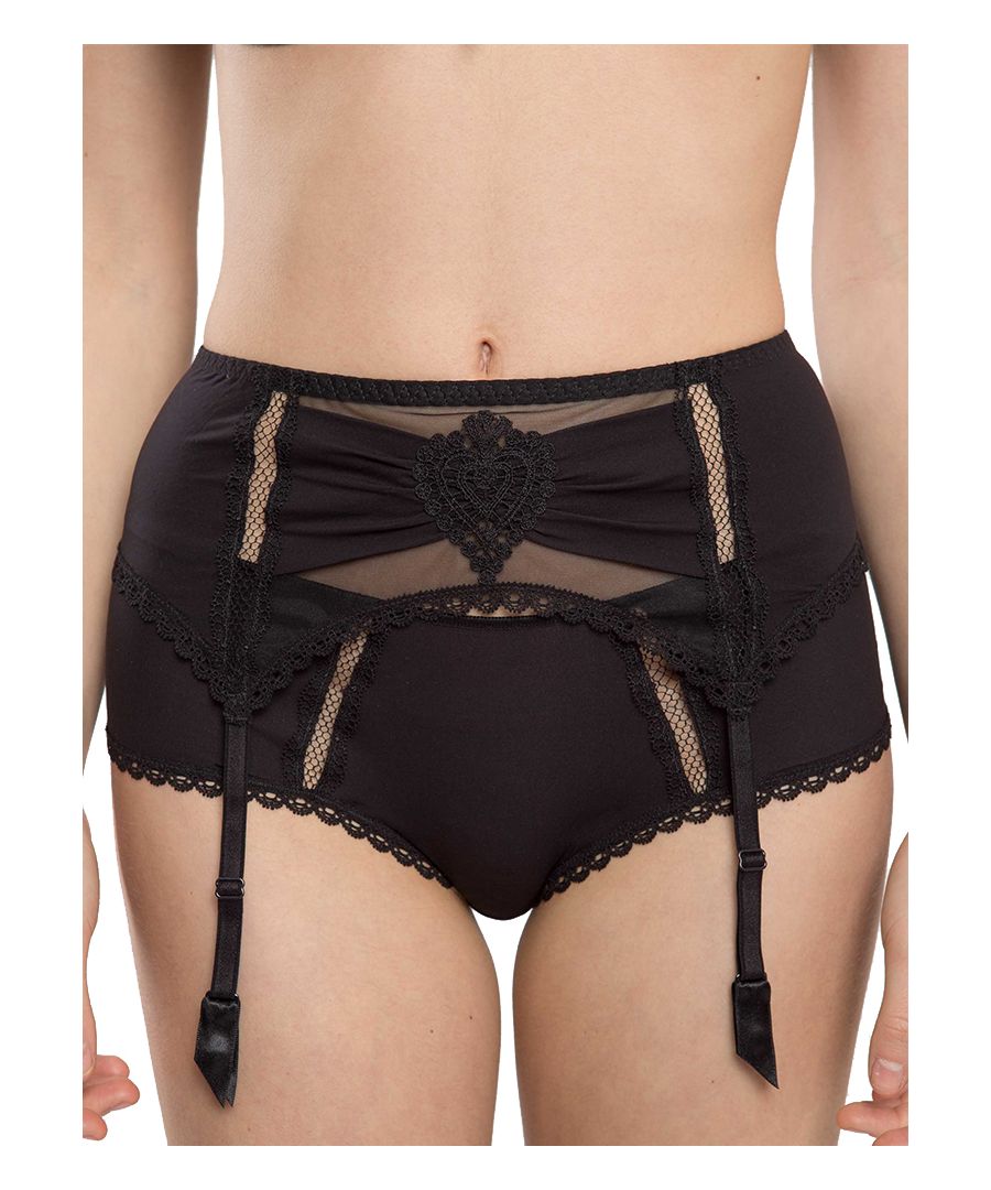 Make a statement in this romantically chic Maison Lejaby Attrape Coeur collection featuring delicate embroidered motif detailing and carefully crafted lace trims for a charming and captivating look.  The enticing suspender belt is made from fine tulle and super-soft delicate mesh and features indulgent scalloped lace trim for a flattering, feminine touch. The front panel features embroidered trim inset panels and an elegant lace motif. Fastened with a hook and eye closure and complete with ribbon flashings to cover the suspender clips. A beautiful addition to your lingerie drawer.