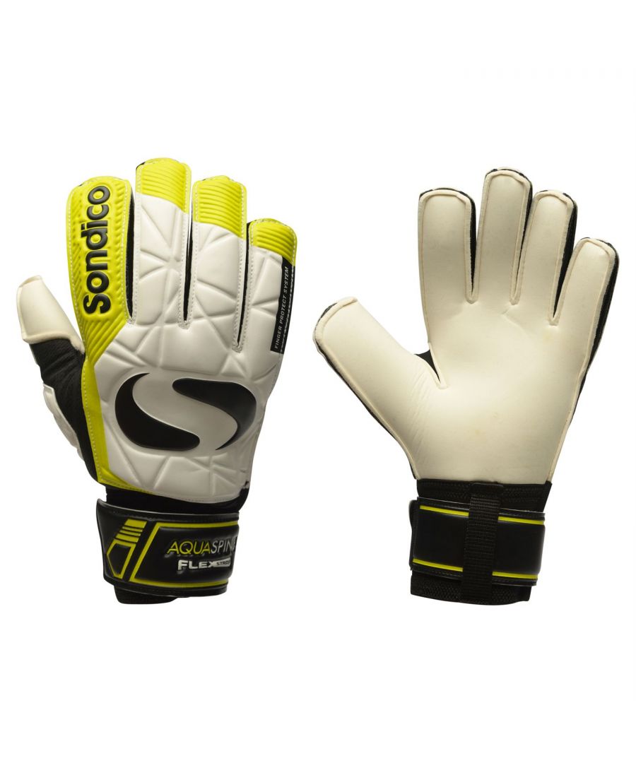 Sondico Aquaspine Mens Goalkeeper Gloves - The Sondico Aquaspine Mens Goalkeeper Gloves feature a high performance foam palm to give exceptional grip and comfort! The integrated finger protect system helps to prevent finger overextension backwards by including reinforced flexible bars over the top of the fingers. Complete with a flex hook and loop tape wrist strap for quick and firm closure. > Mens Goalkeeper Gloves > Finger Protect System > Embossed PVC cushioned foam backhand > Flexstrap - hook and loop tape closure