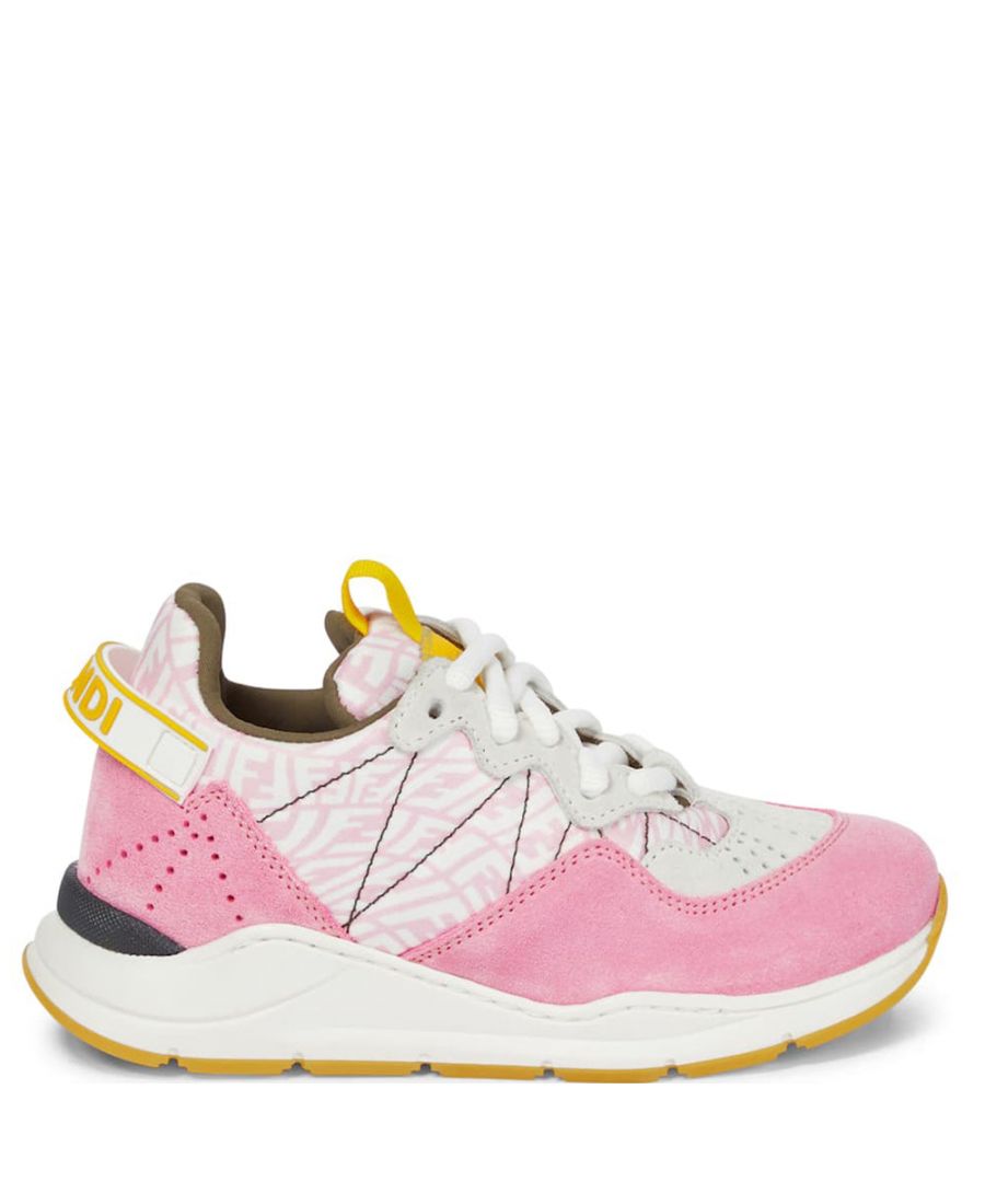 These Fendi FF Suede Trim Sneakers in Pink are lined with pink suede. Featuring an all-over FF logo print, they're set on rubber soles and have pull tabs at the heels.\n \n\nPink\nLeather/canvas\nSignature FF-pattern print\nPull-tab at the tongue\nFront lace-up fastening\nRound toe\nFlat rubber sole