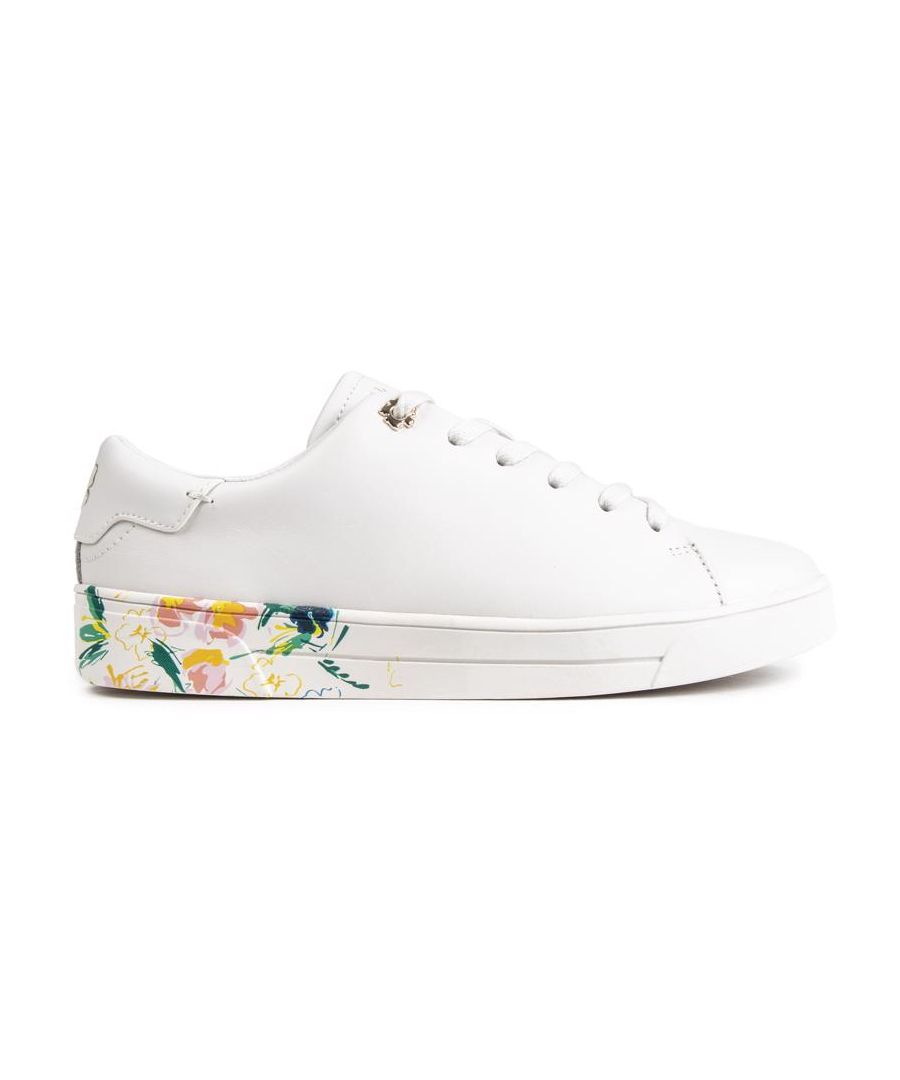 Womens white Ted Baker timaya trainers, manufactured with leather and a rubber sole. Featuring: metallic details, print upper detail and padded collar and tongue.