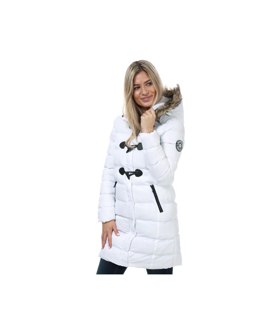 Womens Brave Soul Wizard Long Padded Duffle Jacket in white.- Grown-on lined hood with faux fur trim.- Longline padded.- Full zip fastening.- Storm placket with snap and toggle closure.- Zipped front pockets.- Fully lined.- Badge to left sleeve.- 100% Polyester.- Ref: LJKWIZARDLONWT