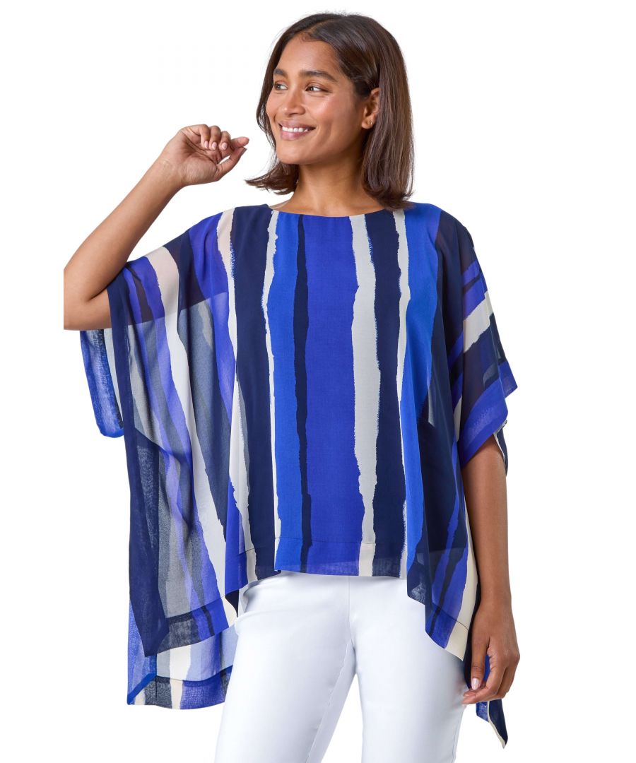 Roman Womens Stripe Print Chiffon Overlay Tunic Top - Blue - Size 12 UK