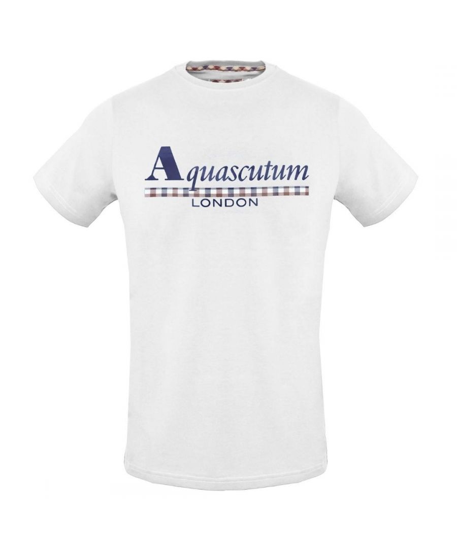 Aquascutum Check Strip Logo White Tee. Crew Neck T-Shirt, Short Sleeves. Stretch Fit 95% Cotton 5% Elastane. Regular Fit, Fits True To Size. Style TSIA02 01