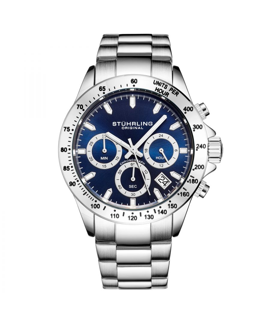 Men's Quartz Chronograph Date Watch, Silver Case, Blue Dial, Stainless Steel Bracelet