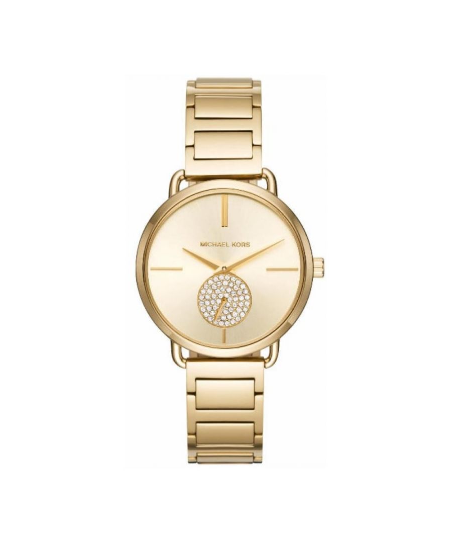 Het MK3639 Michael Kors-horloge voor dames uit de Portia-collectie is een mooi en aantrekkelijk dameshorloge. EAN 0796483317062. De kast heeft een goudkleurige beplating. De subwijzerplaat bij de 6-uur-positie is bezet met steentjes en complementeert de goudkleurige wijzerplaat.  Koop dit horloge nu op d2time!