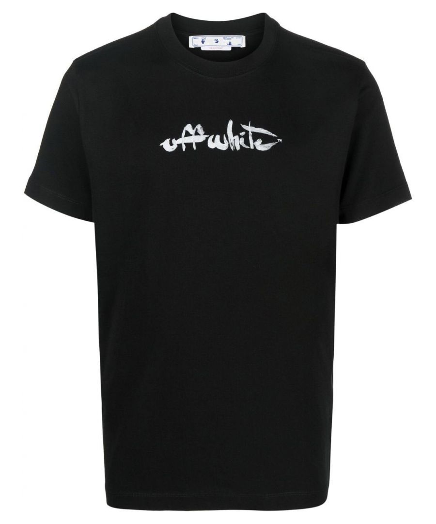 Off-White injects some artistic flair into its streetwear-inspired casualwear, presenting pieces such as this organic cotton T-shirt. The short-sleeved tee is elevated by a painterly Arrows print at the back and matching logo lettering at the front.\n\n\n\nblack\norganic cotton\nsignature Arrows motif at the back\nlogo print to the front\ncrew neck\nshort sleeves\nConscious: This item is made from at least 50% organic materials\n\n\n\nPlease note this product has had the Certilogo labels removed at source. Find more information on our Authenticity Guarantee page. 