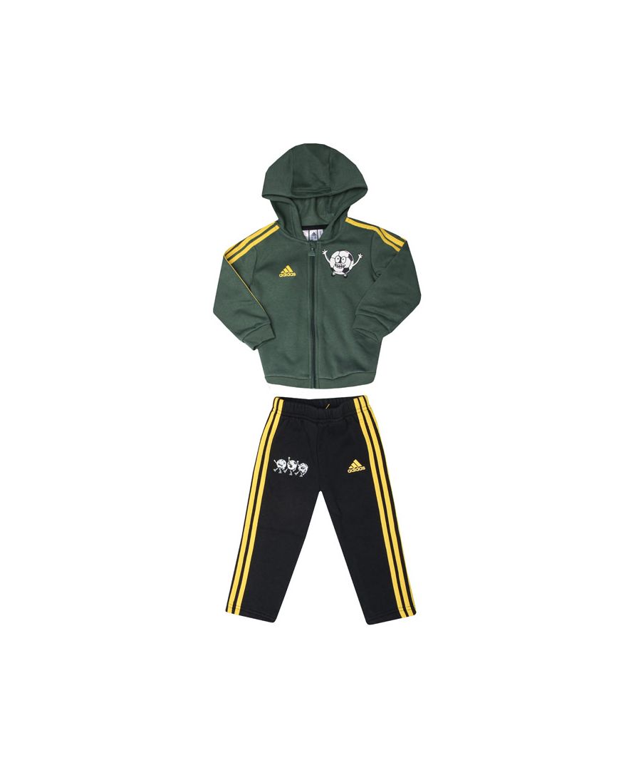Baby adidas Lil 3- Stripes Fleece Jogger Set in grey yellow.- Hoody:- Long sleeves.- Full zip closure.- Ribbed cuffs and hem.- Main material: 70% Cotton  30% Polyester (Recycled).  Machine washable.- Pants: - Elasticated waist with inner drawcord.- Loose fit.- Main material: 70% Cotton  30% Polyester (Recycled).  Machine washable. - Ref: GN7258B