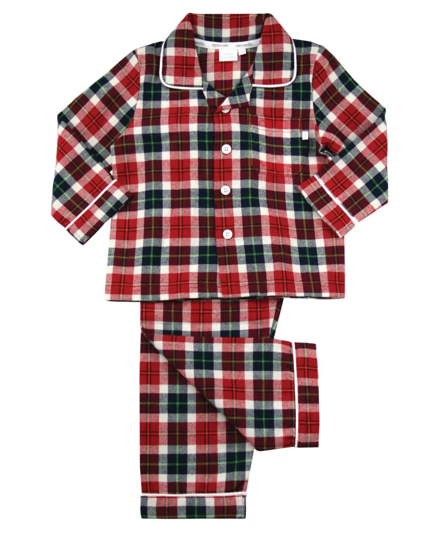 Boys Traditional Christmas Check Pyjamas \n\nEvery child's wardrobe needs a set of classic pyjamas. Timeless, adorable and comfortable, our Classic Red Christmas Tartan Pyjamas are a lovely option this season. Attention to  details such as the delicate piping make our pyjamas extra special, while soft cotton is gentle on delicate skin - perfect for the sweetest of dreams.\n\nIt’s easy to create a Family Christmas look with our Christmas Check range as coordinating styles are also available in our adult, girls and baby range.