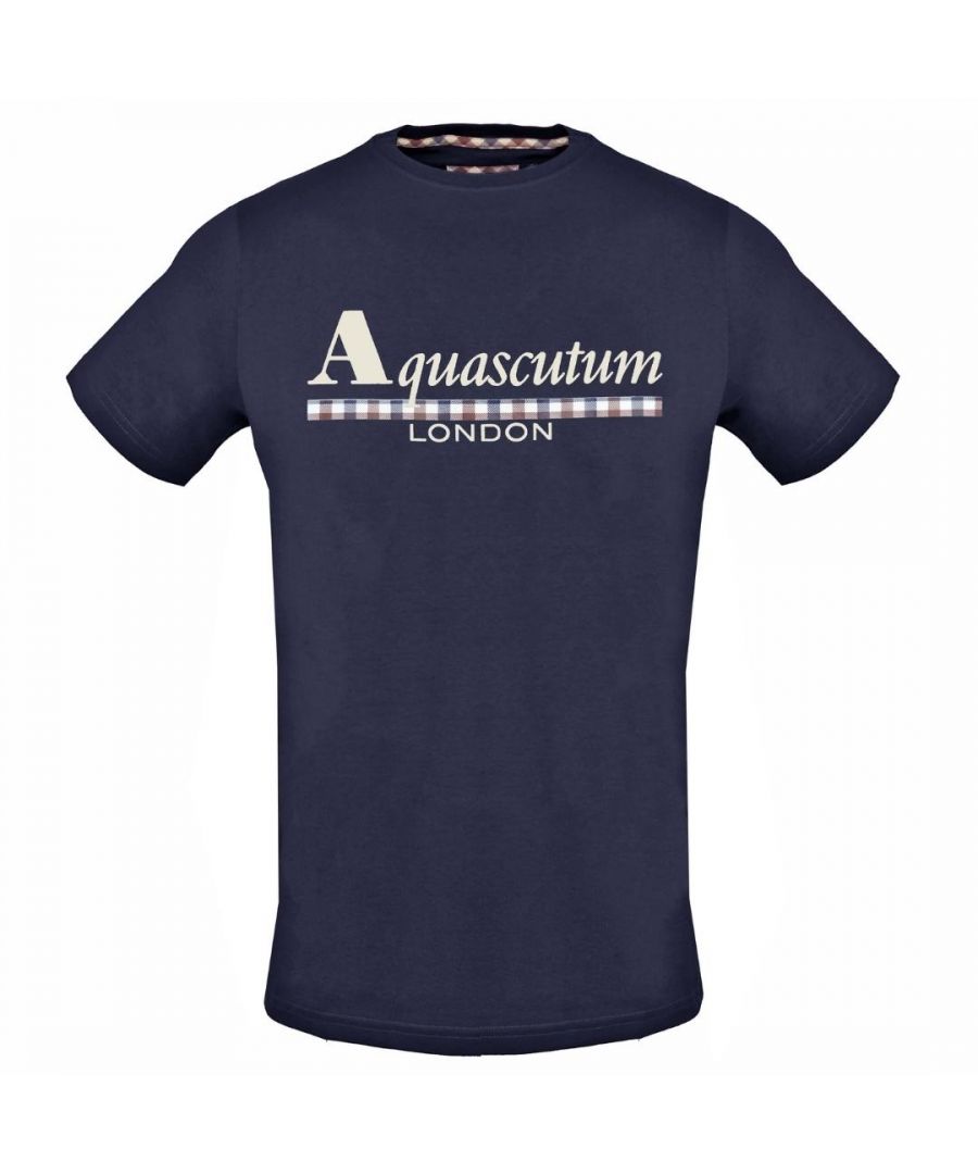 Aquascutum Check Strip Logo Navy Blue Tee. Crew Neck T-Shirt, Short Sleeves. Stretch Fit 95% Cotton 5% Elastane. Regular Fit, Fits True To Size. Style TSIA02 85