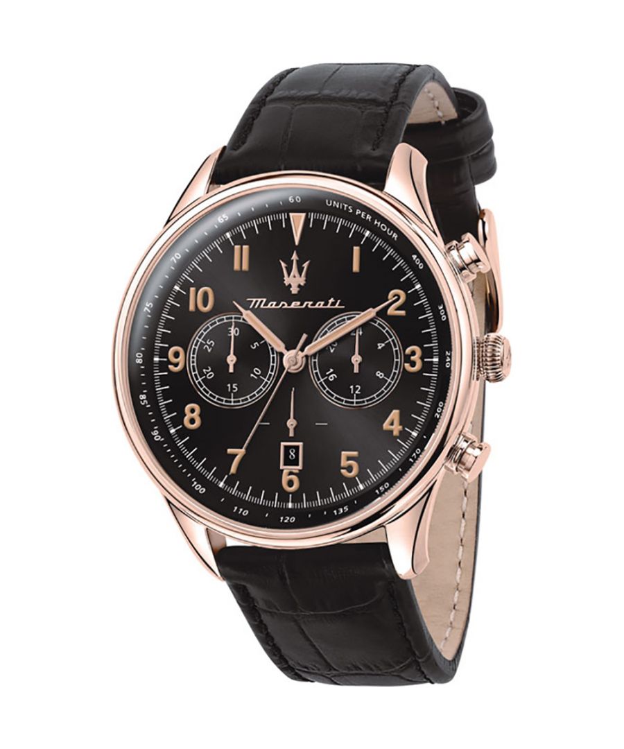 Stijlvol heren horloge van het merk Maserati. Het horloge heeft een polsbandje dat ook kleiner gemaakt kan worden, de kast heeft een diameter van 45 mm en het uurwerk is automatisch. Er zijn voor dit horloge dus geen batterijen nodig.  Merk: MaseratiModelnaam: R8871646001 (45mm)Categorie: heren horlogeMaterialen: edelstaal, leerKleur: zwart, rose