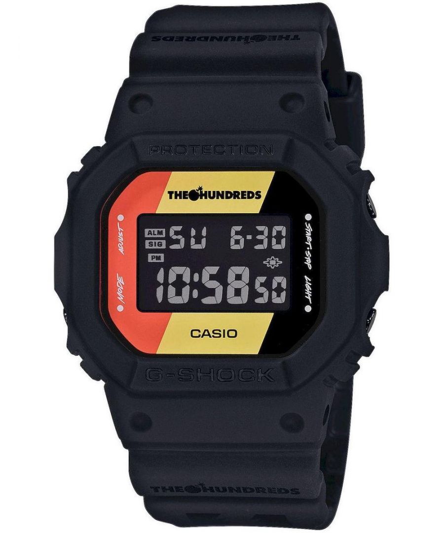 This Casio G-shock The Hundreds Digital Watch for Men is the perfect timepiece to wear or to gift. It's Black  Rectangular case combined with the comfortable Black Plastic watch band will ensure you enjoy this stunning timepiece without any compromise. Operated by a high quality Quartz movement and water resistant to 20 bars, your watch will keep ticking. This watch Crafted in all-black resin the yellow and black logo is positioned to surround the black digital face. Engraved into the band is “Blood, Sweat & Years,” a concept The Hundreds has always accented -The watch has a Calendar function: Day-Date, Stop Watch, Timer, Alarm, Light High quality 21 cm length and 24 mm width Black Plastic strap with a Buckle Case Measurement: 35x40  mm,case thickness: 12 mm, case colour: Black and dial colour: Multicolour